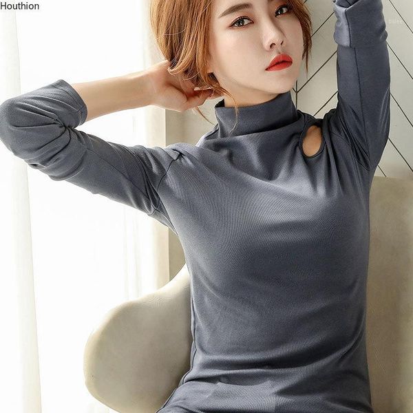 houthion women t-shirt new fashion casual temperament spring and autumn slim all-match hole long sleeve solid color turtleneck1, White